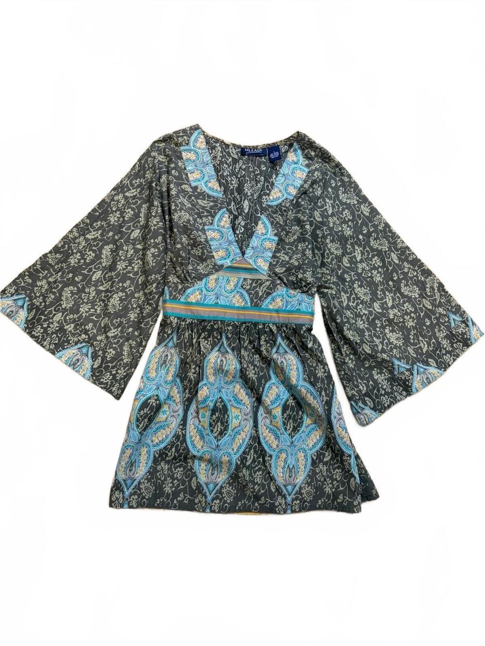 Vtg Mileage Women's Boho Kimono Tunic Baby Doll Blue Paisley Tie Waist Short